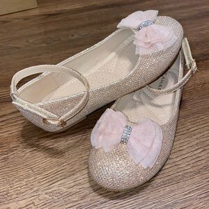 NEW TAHARI GLITTER RHINESTONE BOW ANKLE STRAP BALLERINA FLATS ROSE GOLD GIRLS 13